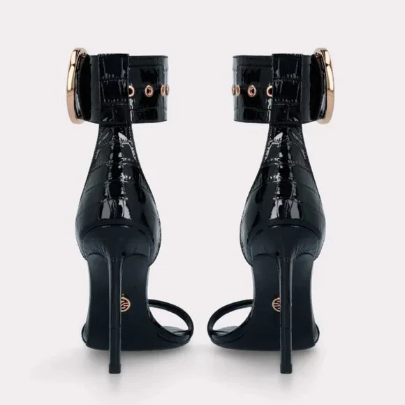 ADELE 01 BLACK PATENT CROCO EMBOSSED LEATHER SANDALS - Picture 3 of 3